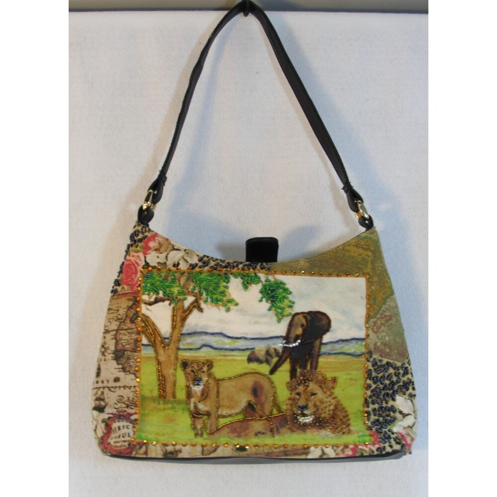Bueno Safari Animal Purse Shoulder Bag  Beaded Tapestry Scene Leather Strap